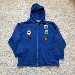 Vintage Unisex Blue Hoodie With Patches. Late 90’s/early 2000. COOL find. Sz Lrg